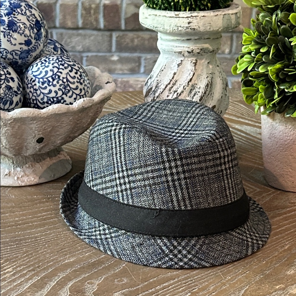 Boys Stylish Black Gray & Blue Plaid Fedora Hat 7/8